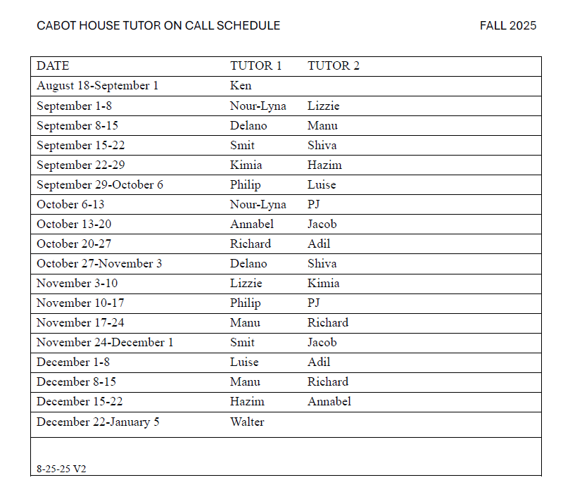 Cabot Tutor-on-Call Schedule