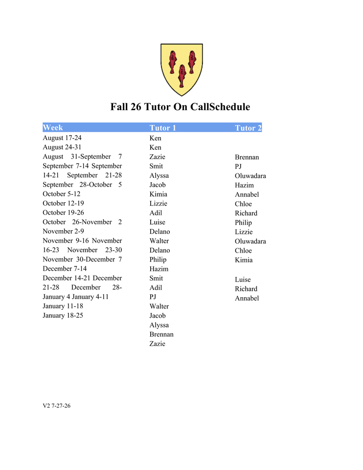 Tutor on Call Schedule